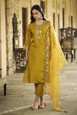 Mustard embroidered viscos roman silk kurta sets 2