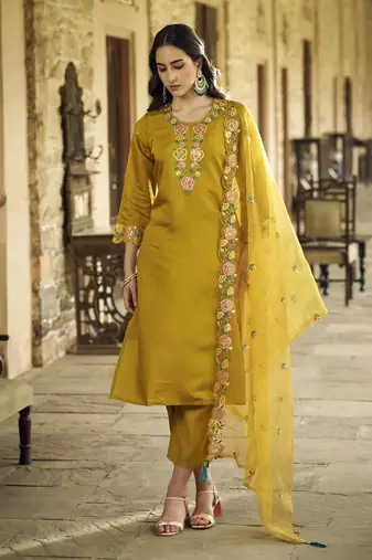 Mustard embroidered viscos roman silk kurta sets