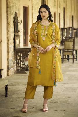 Mustard embroidered viscos roman silk kurta sets 3