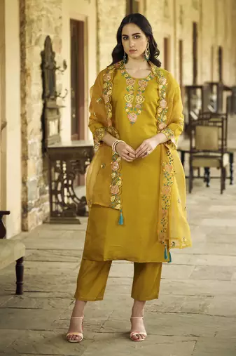 Mustard embroidered viscos roman silk kurta sets