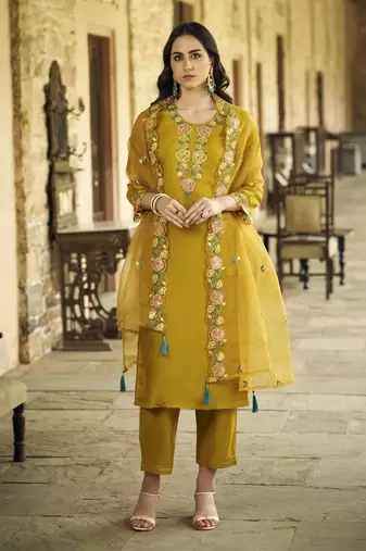 Mustard embroidered viscos roman silk kurta sets