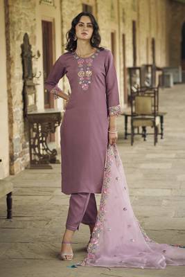 Purple embroidered viscos roman silk kurta sets 2