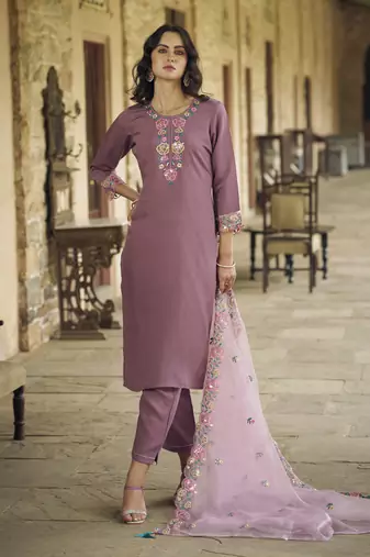 Purple embroidered viscos roman silk kurta sets