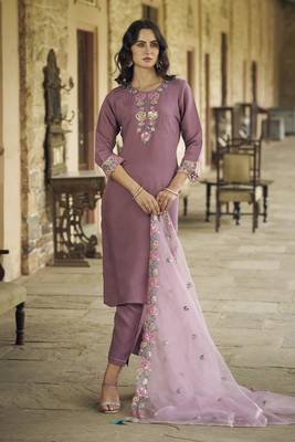 Purple embroidered viscos roman silk kurta sets 3