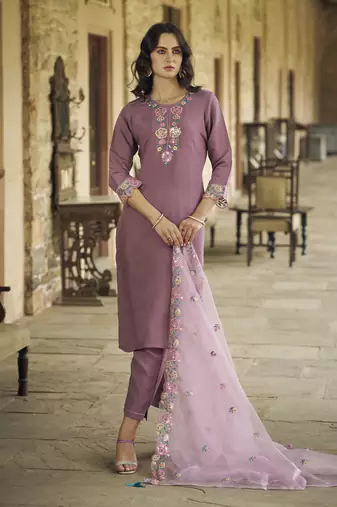 Purple embroidered viscos roman silk kurta sets