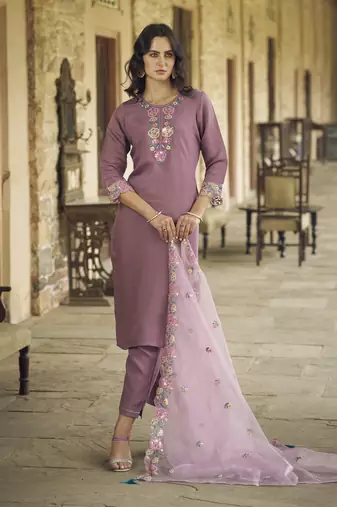 Purple embroidered viscos roman silk kurta sets