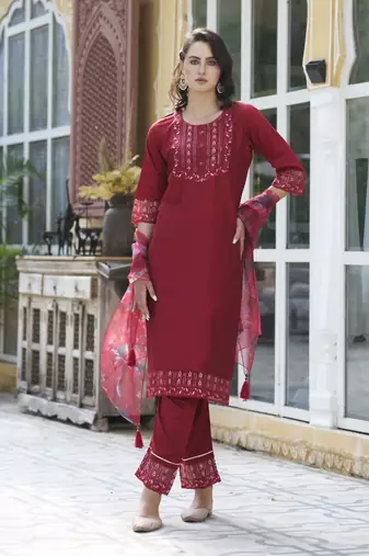 Cherry embroidered cotton silk kurta sets