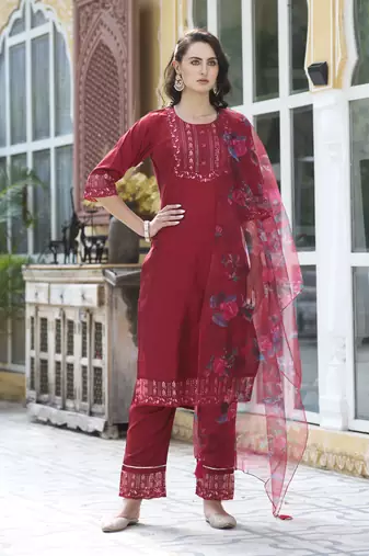 Cherry embroidered cotton silk kurta sets