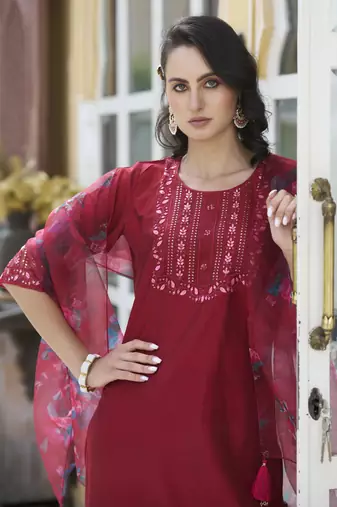 Cherry embroidered cotton silk kurta sets