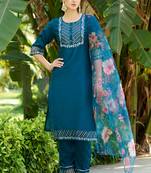 Teal embroidered cotton silk kurta sets