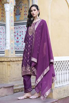 Purple embroidered viscose rayon silk kurta sets 1