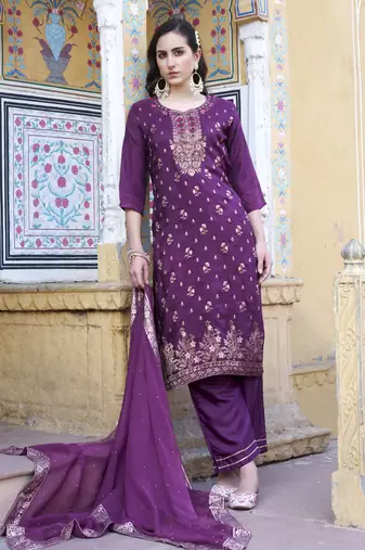 Purple embroidered viscose rayon silk kurta sets