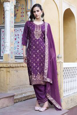 Purple embroidered viscose rayon silk kurta sets 3