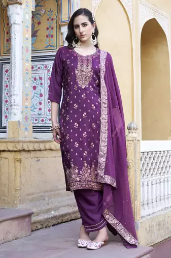 Purple embroidered viscose rayon silk kurta sets