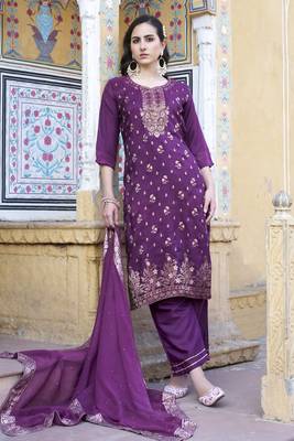 Purple embroidered viscose rayon silk kurta sets 4