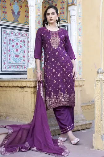Purple embroidered viscose rayon silk kurta sets