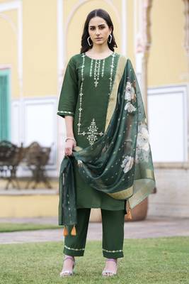 Green embroidered viscos roman silk kurta sets 1