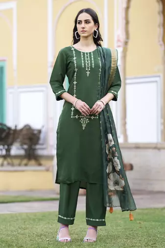 Green embroidered viscos roman silk kurta sets