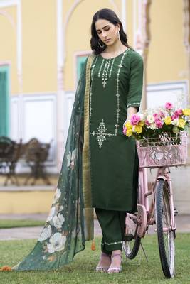 Green embroidered viscos roman silk kurta sets 3