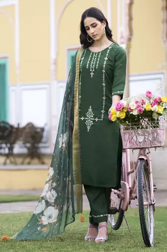 Green embroidered viscos roman silk kurta sets