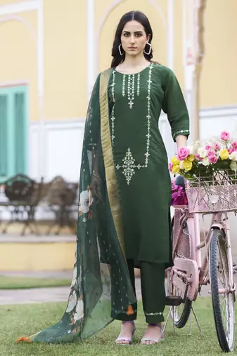 Green embroidered viscos roman silk kurta sets