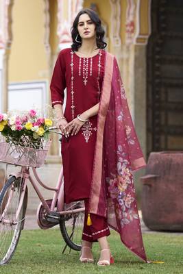 Maroon embroidered viscos roman silk kurta sets 2