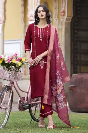 Maroon embroidered viscos roman silk kurta sets