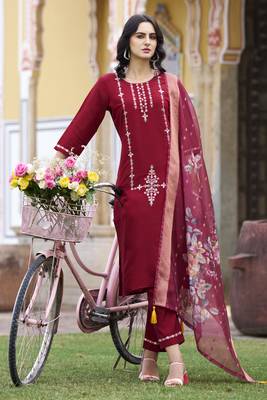 Maroon embroidered viscos roman silk kurta sets 3