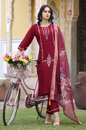 Maroon embroidered viscos roman silk kurta sets