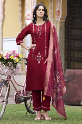 Maroon embroidered viscos roman silk kurta sets 4