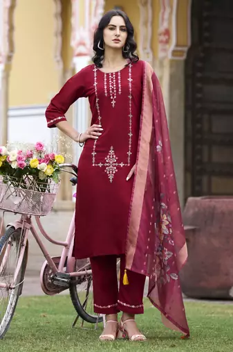 Maroon embroidered viscos roman silk kurta sets