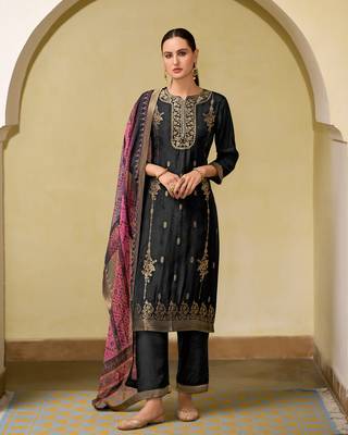 Black embroidered viscose self jacquard kurta sets 1