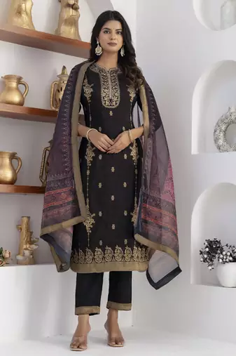 Black embroidered viscose self jacquard kurta sets