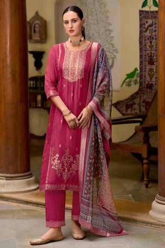 Red embroidered viscose self jacquard kurta sets