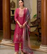 Red embroidered viscose self jacquard kurta sets