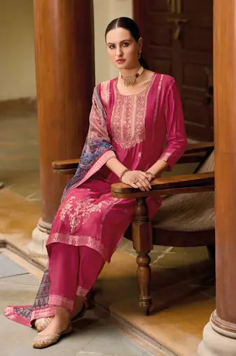 Red embroidered viscose self jacquard kurta sets