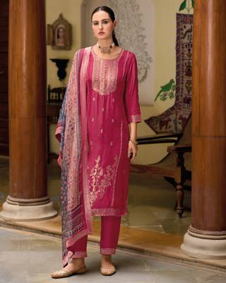 Red embroidered viscose self jacquard kurta sets 3