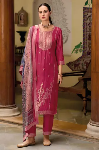 Red embroidered viscose self jacquard kurta sets