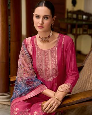 Red embroidered viscose self jacquard kurta sets 4