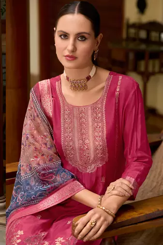 Red embroidered viscose self jacquard kurta sets