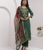 Green embroidered viscose self jacquard kurta sets