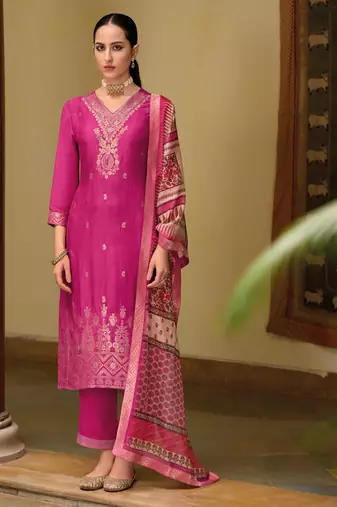 Pink embroidered viscose self jacquard kurta sets
