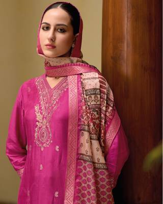 Pink embroidered viscose self jacquard kurta sets 3