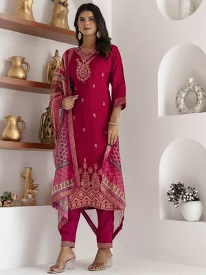 Pink embroidered viscose self jacquard kurta sets 1