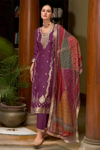 Purple embroidered viscose self jacquard kurta sets