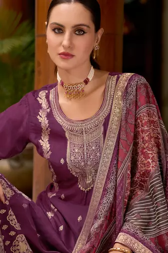 Purple embroidered viscose self jacquard kurta sets
