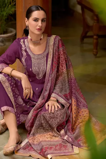 Purple embroidered viscose self jacquard kurta sets