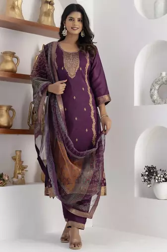 Purple embroidered viscose self jacquard kurta sets