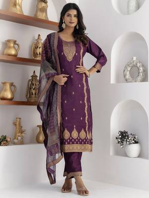 Purple embroidered viscose self jacquard kurta sets 3