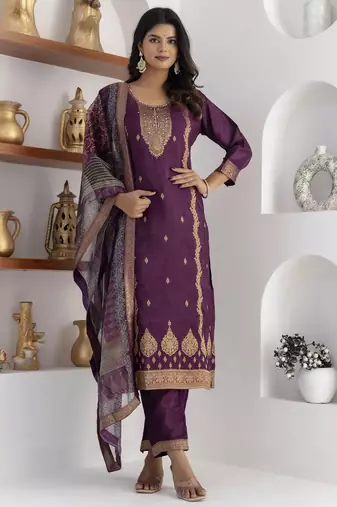 Purple embroidered viscose self jacquard kurta sets